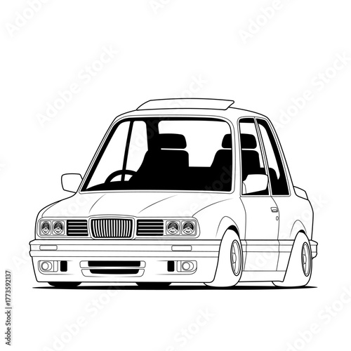Black and white line art of a lowered compact sedan with retro styling, vector format ideal for automotive sketches, blueprint concepts, or car customization themes