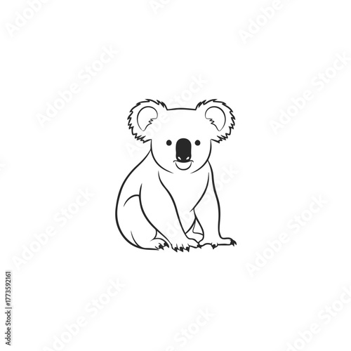Cute cartoon koala line art illustration sitting featuring fuzzy ears and a prominent black nose with a gentle smile.