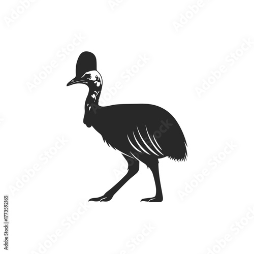 Black cassowary silhouette vector illustration standing in profile with distinctive casque and textured plumage.