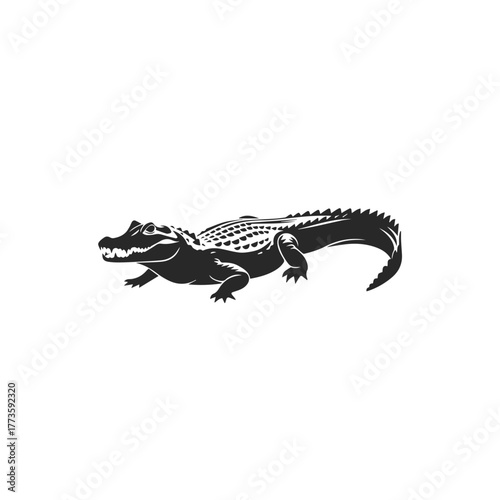 Monochromatic alligator silhouette detailed scaly skin sharp teeth predatory stance.