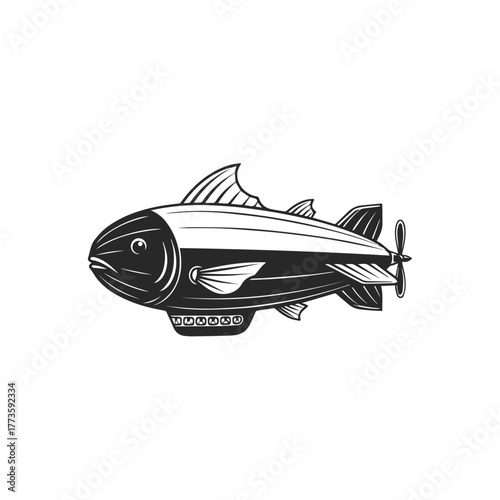 Monochromatic graphic fishshaped blimp with propeller and gondola vintage style vector illustration.