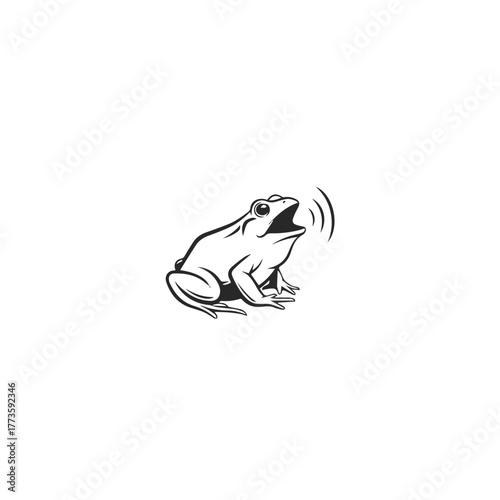 Monochrome croaking frog illustration stylized with sound waves bold lines open mouth.