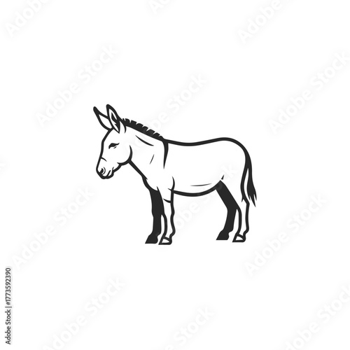 Stylized black and white donkey illustration standing featuring a distinct mane and tail simple graphic design.