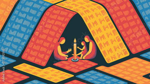 Family gathered around a candle under a colorful geometric tent illustration with dark background