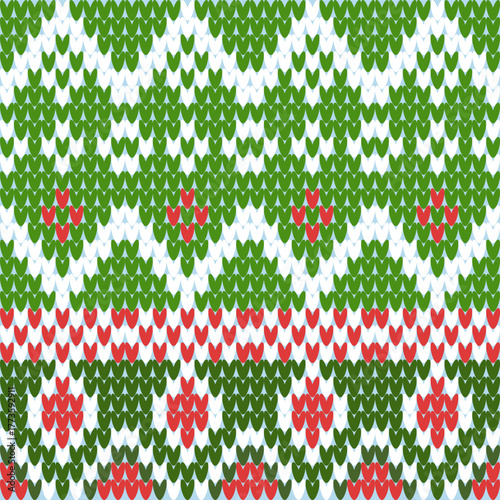 Traditional Christmas knit pattern featuring green, red, and white stitches in a classic Fair Isle style. This festive seamless design evokes cozy winter sweaters and holiday cheer.