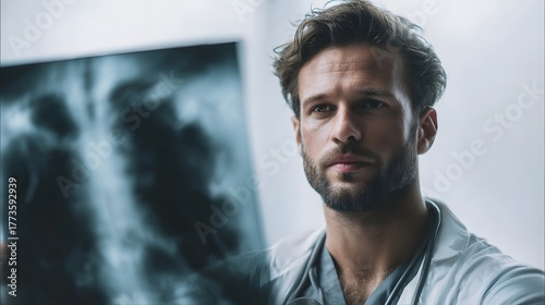 A focused male doctor holds a chest X ray examining its details in a bright medical setting