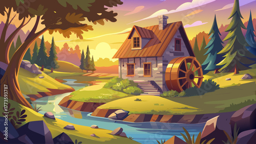 vector of an old mill house beside a stream, trees and meadow around, golden sunlight, nostalgic countryside feeling