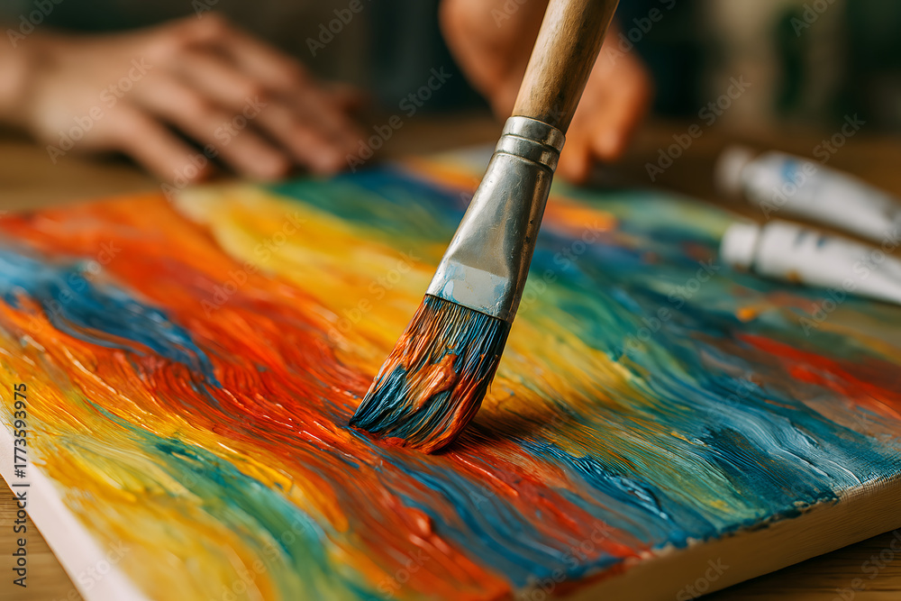 Fototapeta premium Colorful Brushstrokes: A Close-Up of Artistic Expression with Paint on Canvas.