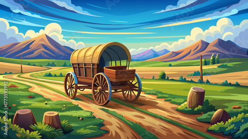 vector of an old wooden wagon on dirt road, surrounded by green fields, cloudy sky, nostalgic vintage countryside scene