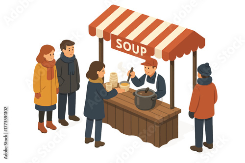Cartoon market scene: diverse adults enjoying soup at outdoor stall