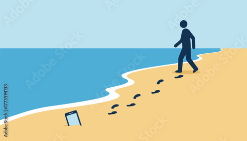 A sandy beach with a lone figure walking along the shore leaving footprints behind while a smartphone lies buried in the sand.