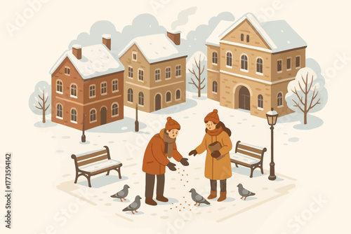 Elderly caucasian male and female feeding birds in snowy winter village scene