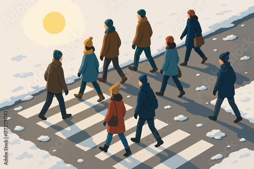 Group of diverse adults crossing snowy street on a sunny winter day