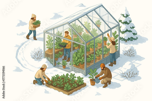 Caucasian adults tending plants in winter greenhouse scene