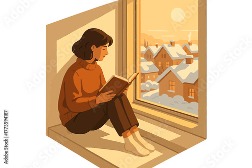 Young caucasian female reading by snowy winter window scene
