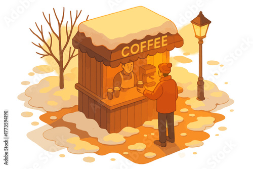 Winter coffee stand with asian male barista and customer in snowy park setting