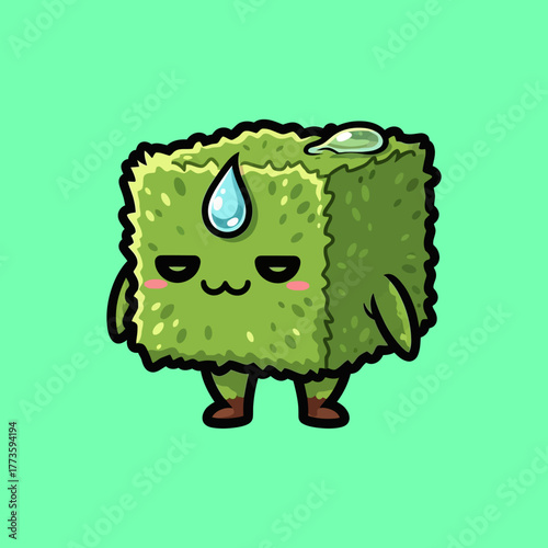 Cute Green Mossy Cube Character Sweating on a Solid Background.