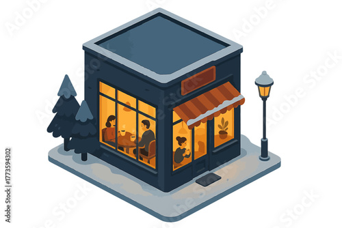Cozy winter café with warm lighting and snowy surroundings