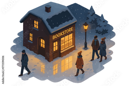 Snowy evening at cozy bookstore with people strolling under streetlights