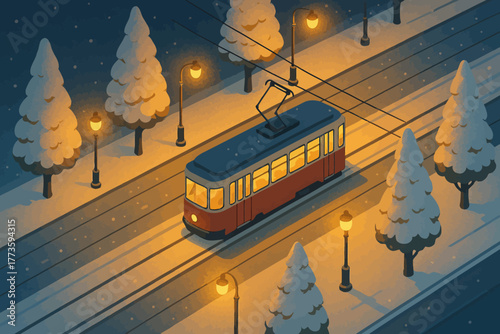 Vintage tram in snowy winter night with warm streetlights