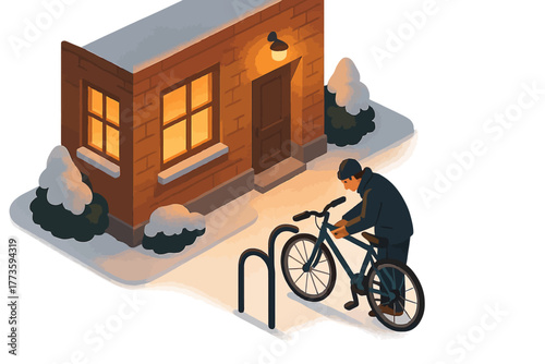 Isometric winter scene with asian young male locking bicycle by snow-covered house