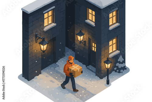 Young caucasian male delivering package in snowy winter street scene at night