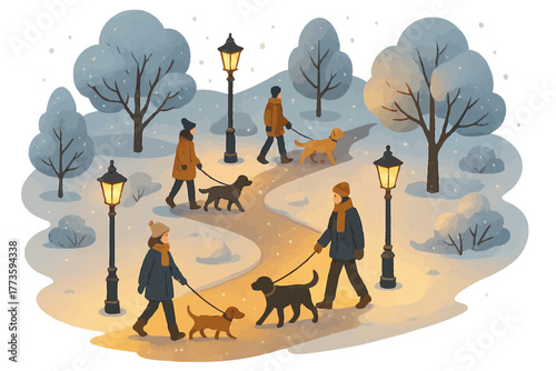 Winter park walk: adults enjoy snowy path with dogs in scenic setting