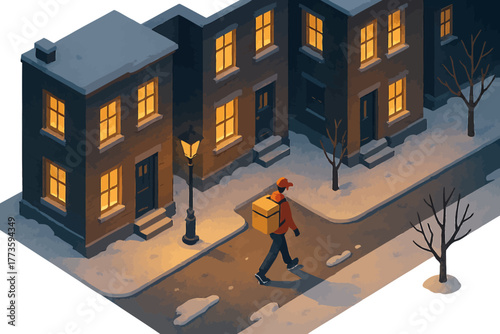Evening delivery: lone worker walks snowy city street among lit buildings