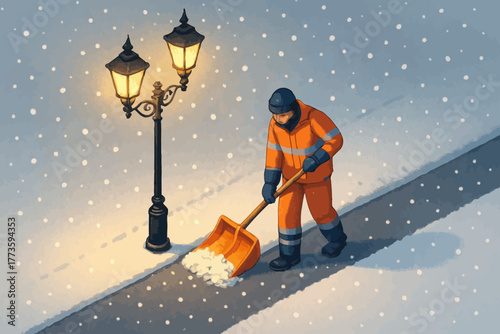 Caucasian male adult snow shoveling at night under streetlamp
