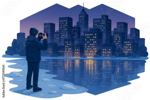Male photographer capturing snowy cityscape reflection at night