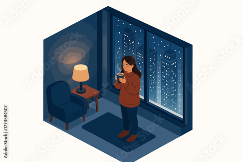 Young asian female relaxing with coffee in cozy nighttime urban apartment