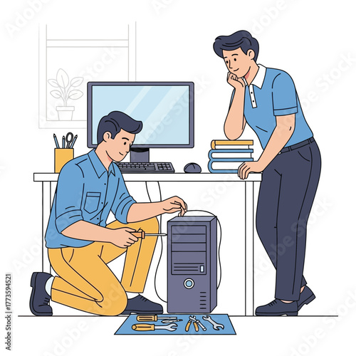 Computer technician repairing a desktop PC with a colleague observing vector illustration for IT support and maintenance services