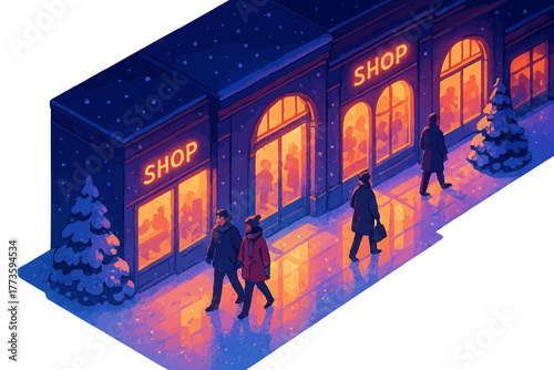 Winter evening shopping scene with neon lights and snowy streets