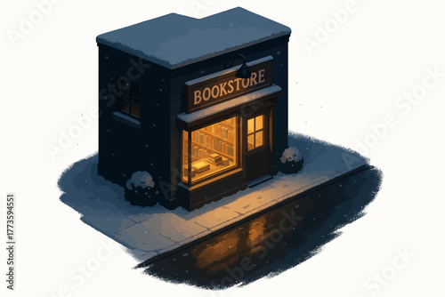 Cozy snow-covered bookstore at night with warm interior light reflection