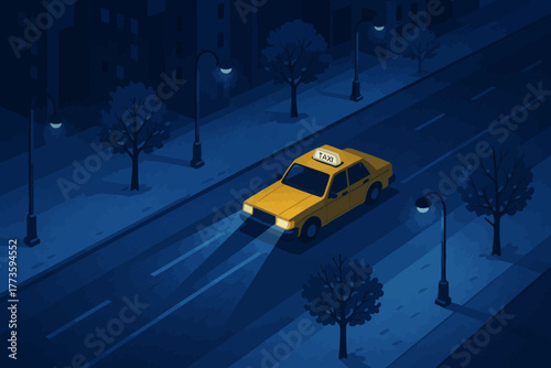 Yellow taxi driving at night on empty urban street with streetlights and trees