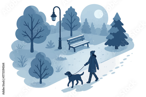 Nighttime winter stroll: woman walking dog in snowy park under moonlight