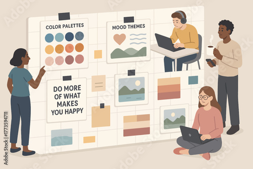 Creative diverse team brainstorming mood boards and color palettes in office setting