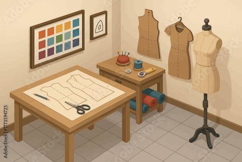Sewing room with dress form, pattern drafts, and fabric rolls in cozy workspace