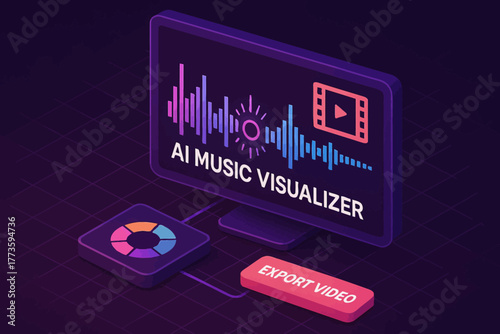 Ai music visualizer interface display with export video feature on monitor