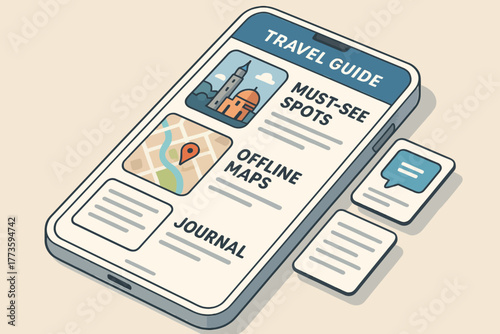 Mobile travel guide with offline maps and journal featuring must-see spots