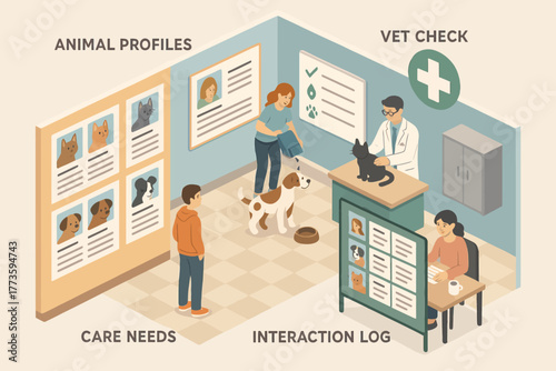Veterinary clinic interaction with animals and care profiles displayed