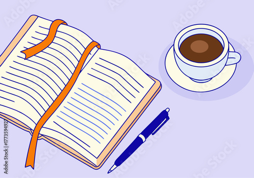 Open Book, Coffee, and Pen on Purple Desk: Illustration for Study and Creativity