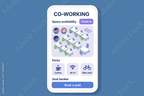 Coworking space app interface with desk layout and perks check-in