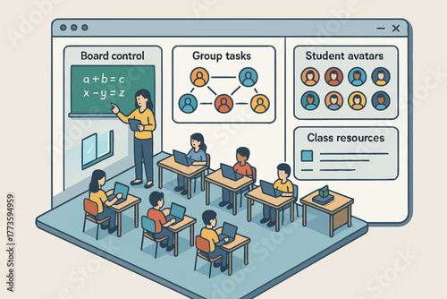 Virtual classroom with teacher and students using digital tools for interactive learning