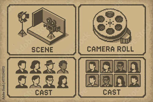 Retro pixel art: movie production scene with camera, film roll, and cast icons