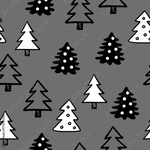  Seamless pattern with Christmas trees in doodle style on a gray background