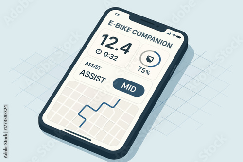 E-bike companion app interface on smartphone display with ride statistics and navigation