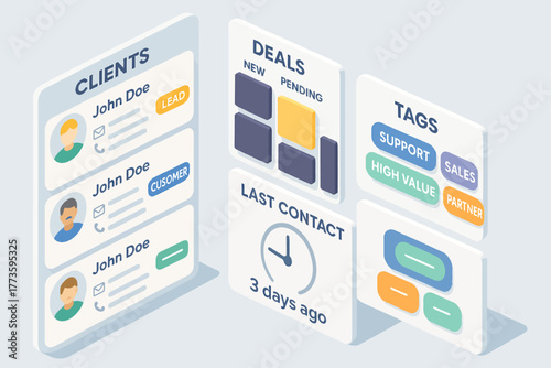 Isometric client management dashboard interface with deals and contact timeline