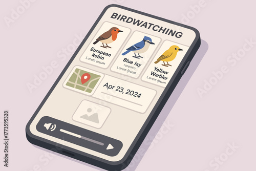 Birdwatching app interface featuring european robin blue jay yellow warbler