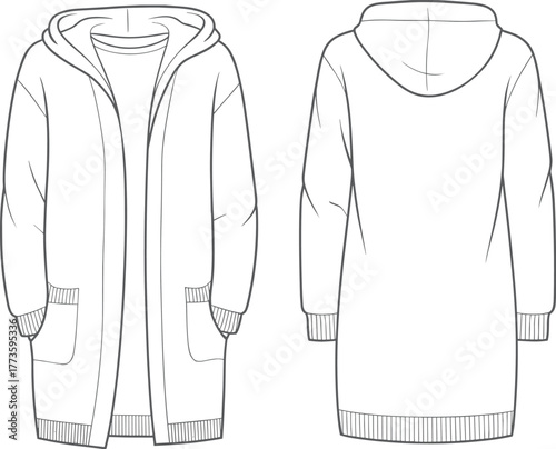 Hooded long cardigan with pockets, open front design, ribbed cuffs and hem, casual knitwear, cozy winter fashion, streetwear style, CAD drawing, flat vector illustration